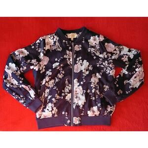 Skies Are Blue Anthropology Satin Bomber Jacket Floral Navy Women Size XS